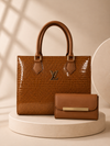 Brown Croc-Texture Handbag on Minimalist Luxury Podium Background